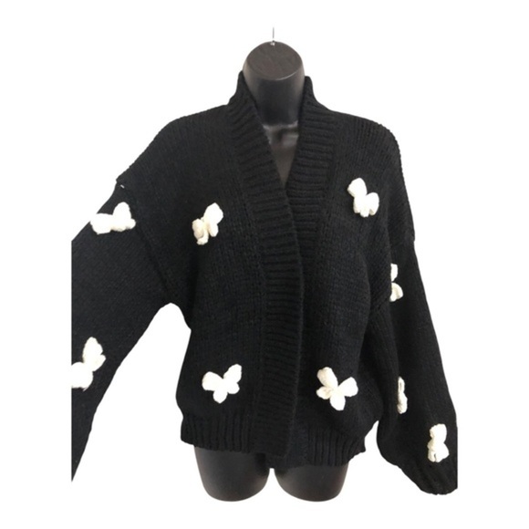 Black and White Crochet bow open front crochet style cardigan One Size new - Picture 3 of 12
